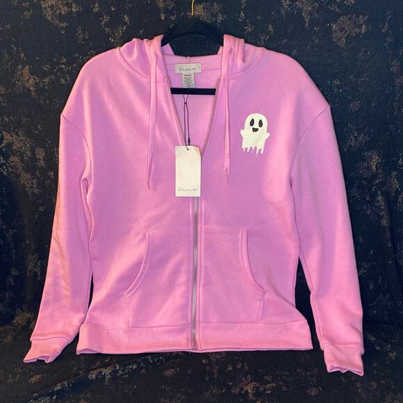 Women's Pink Zippered Hoodie Size XS with Dripping Ghost NWT If It Were Me BOO - Picture 2 of 7